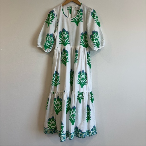 SZ White and Green Floral Midi Dress Short Sleeve M - Picture 1 of 11